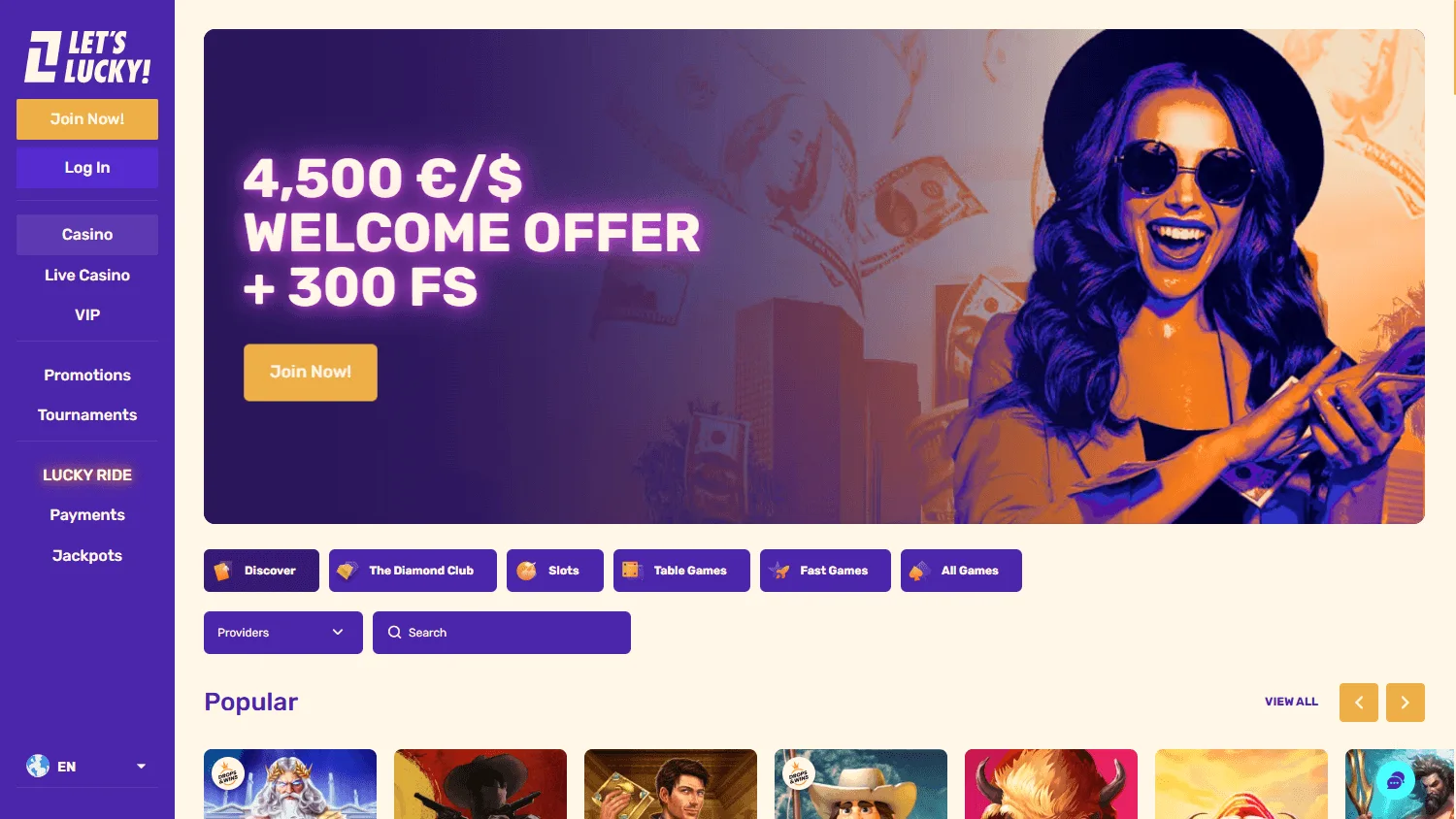 Letslucky Casino games screen on desktop