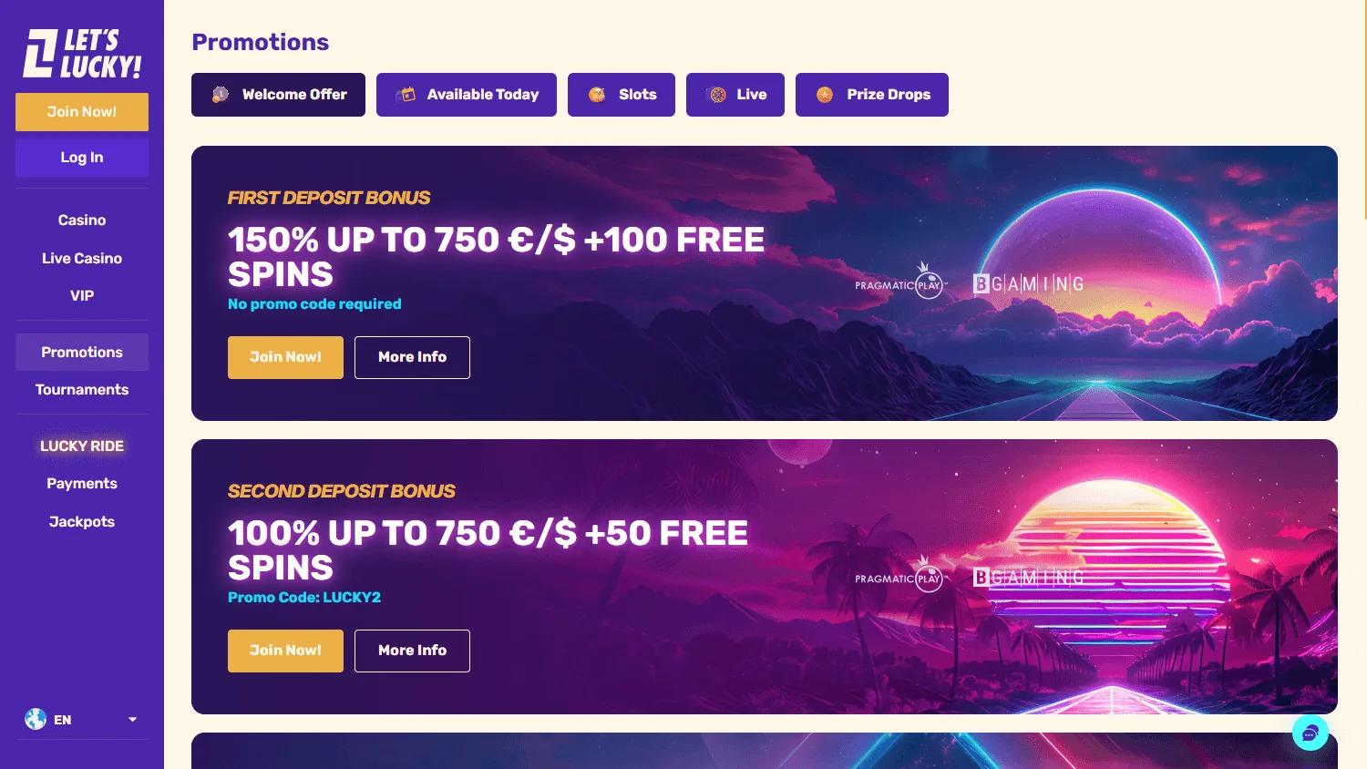 Letslucky Casino promotions screen on desktop