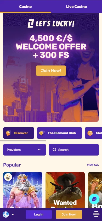 Letslucky Casino games screen on a mobile device